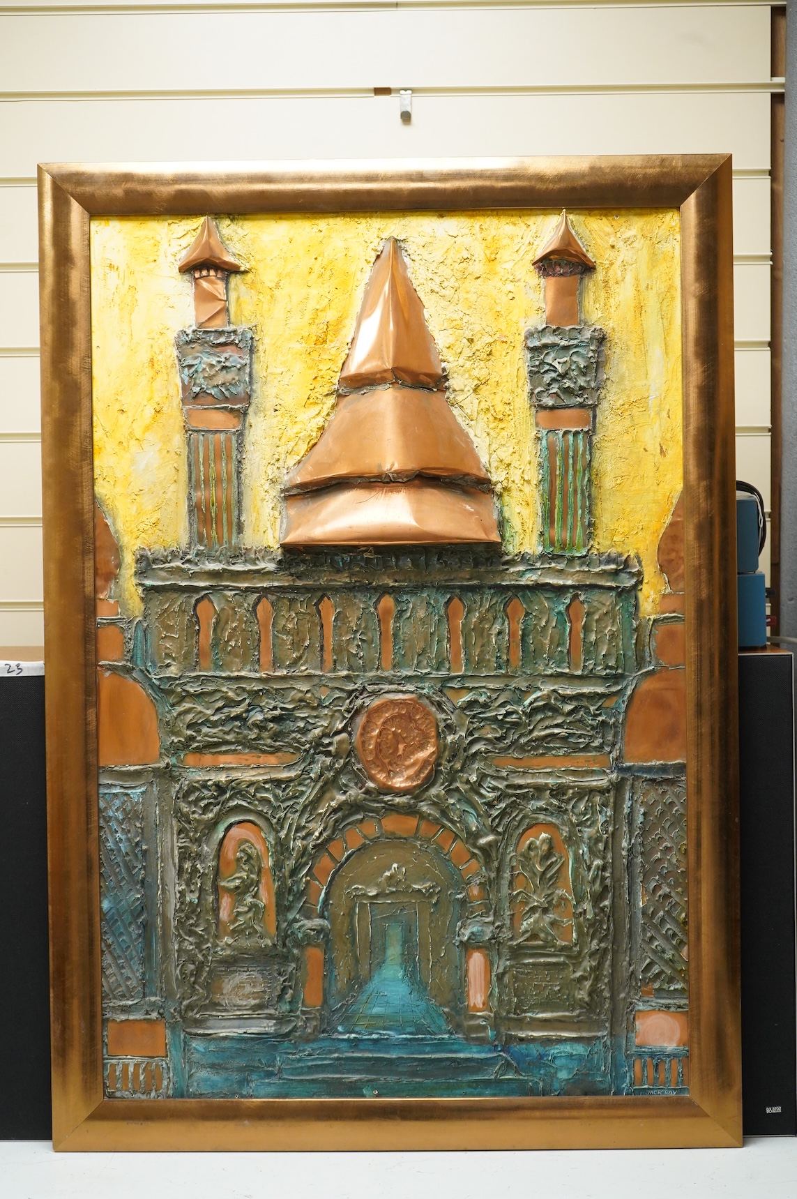 Jack Ray (b.1946) a 1970’s copper relief and painted panel of a temple, signed, framed, 102 x 70cm